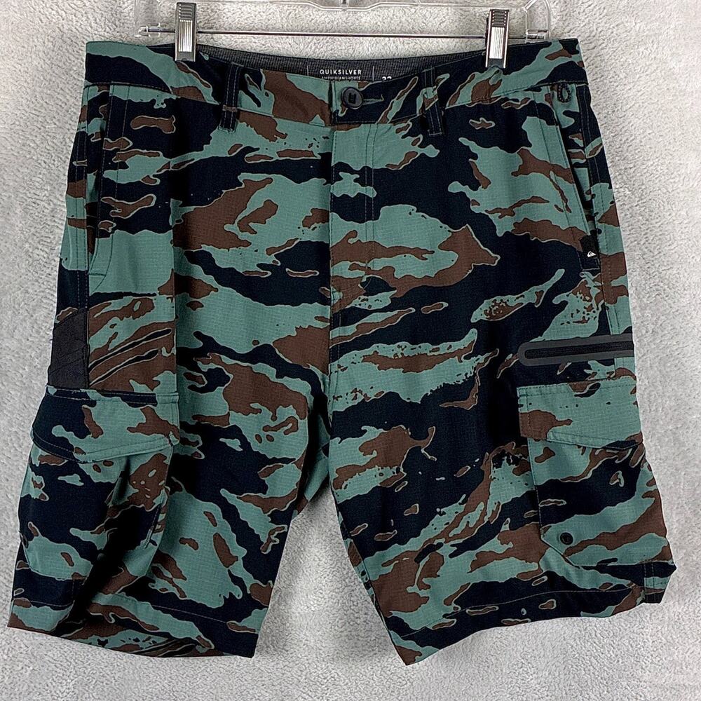 Quiksilver Shorts Men 32 Green Black Camo Amphibian Cargo Ripstop Surf Skate Y2K